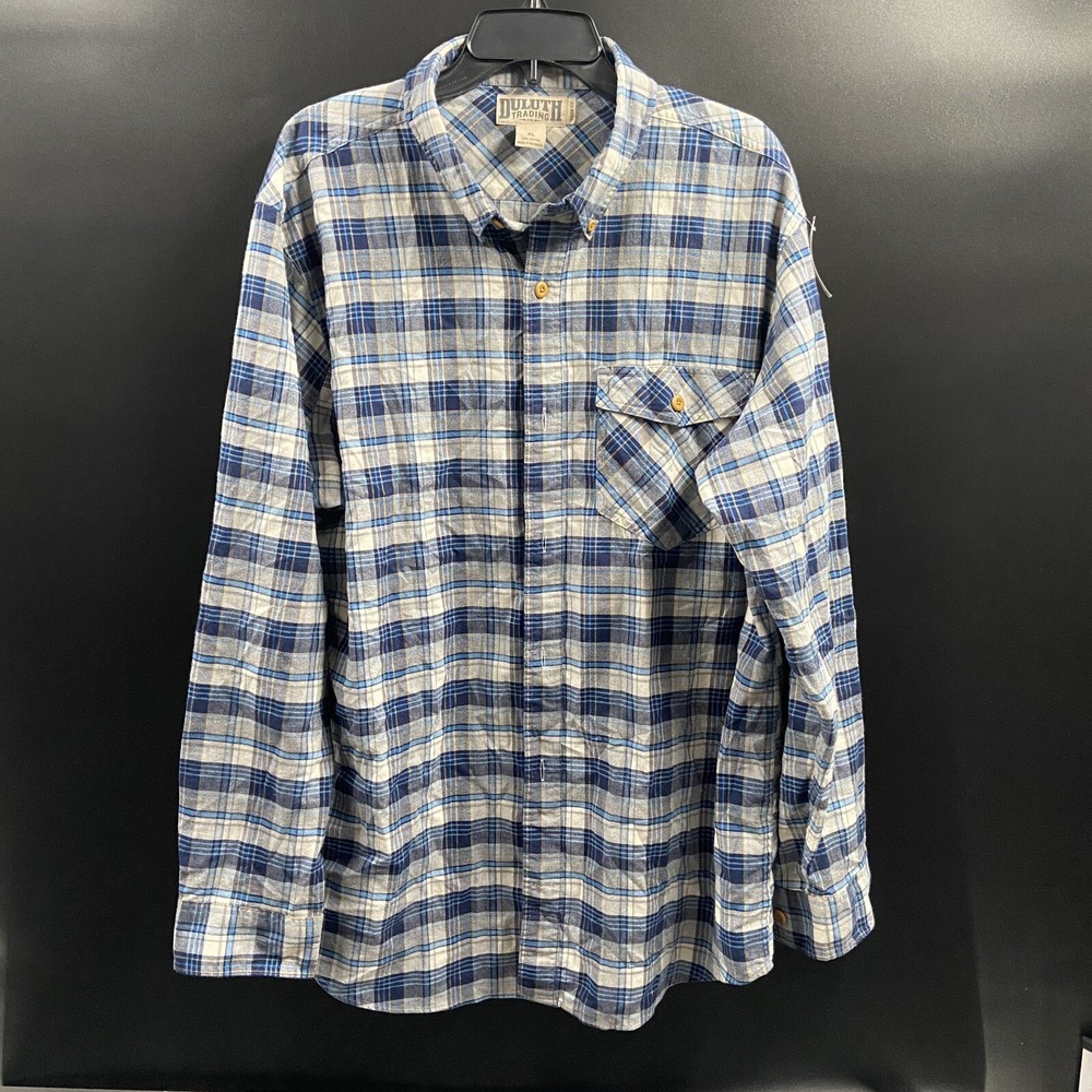 Duluth Trading Men Flannel Button Down Long Sleeve Shirt Trim Fit Blue Plaid XL